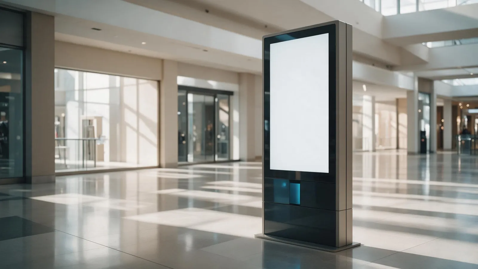A tall floor standing digital signage totem in an empty modern retail mall corridor