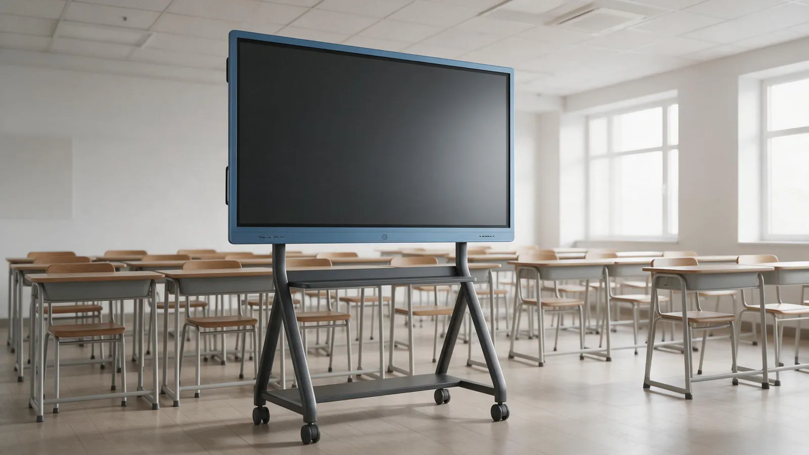 A large interactive flat panel on a mobile stand in an empty bright classroom