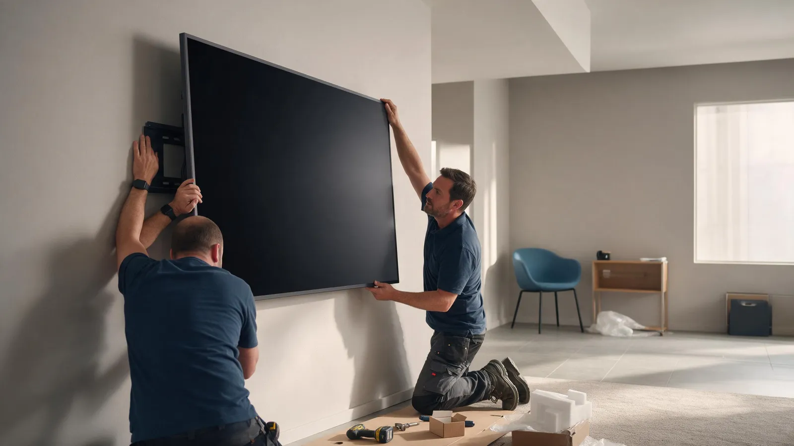 Two installers mounting a large flat panel display on a wall bracket in an empty room