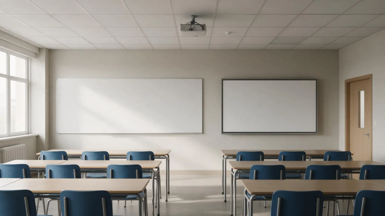 An empty classroom with a ceiling projector and a white projection board on one wall and a large flat panel display on the other wall