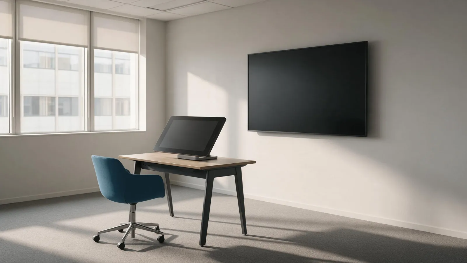 A desk with a mid size touch monitor next to a much larger wall mounted flat panel in an empty modern office