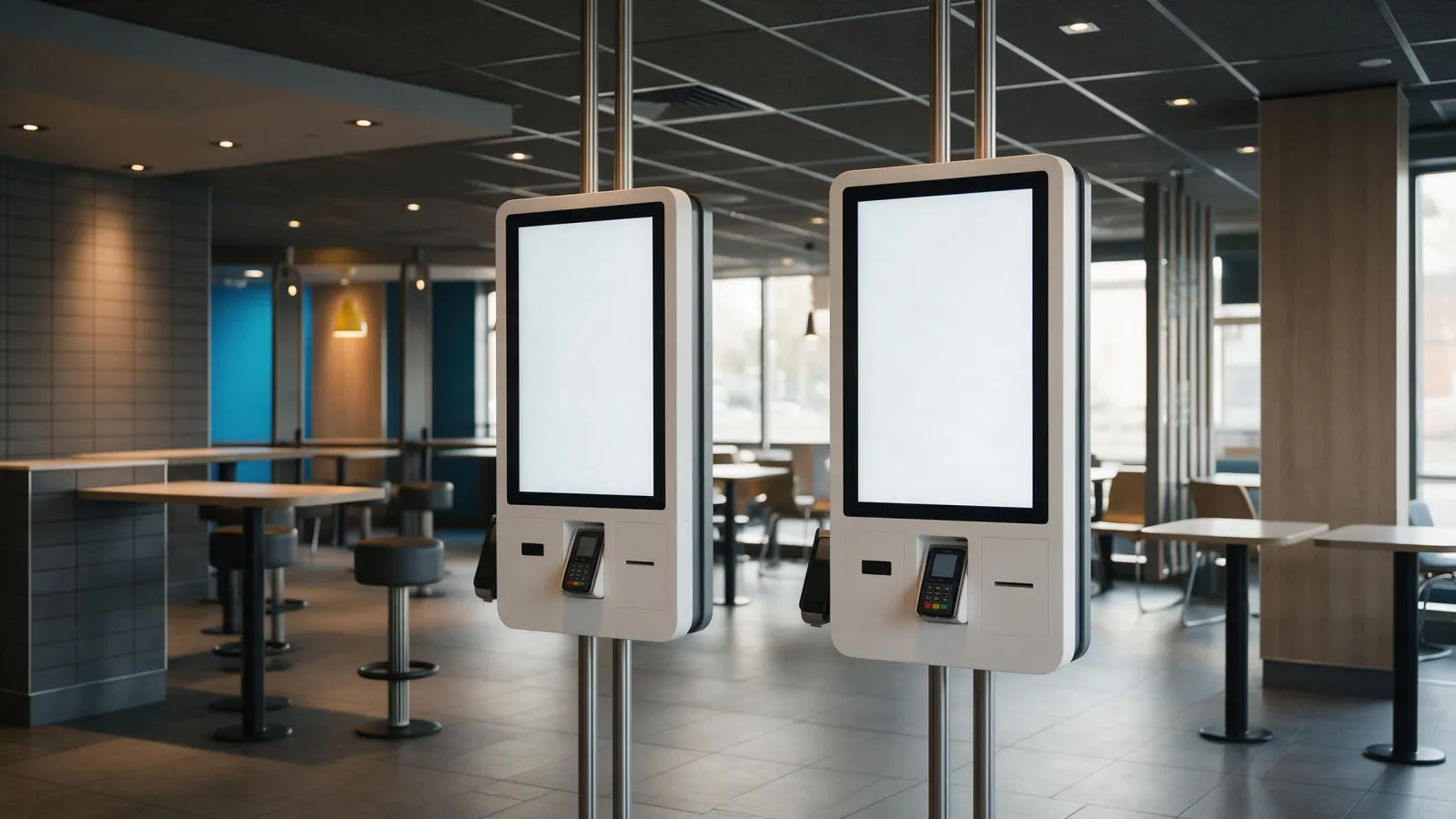 Two free standing self-service ordering kiosks in an empty modern quick service restaurant interior