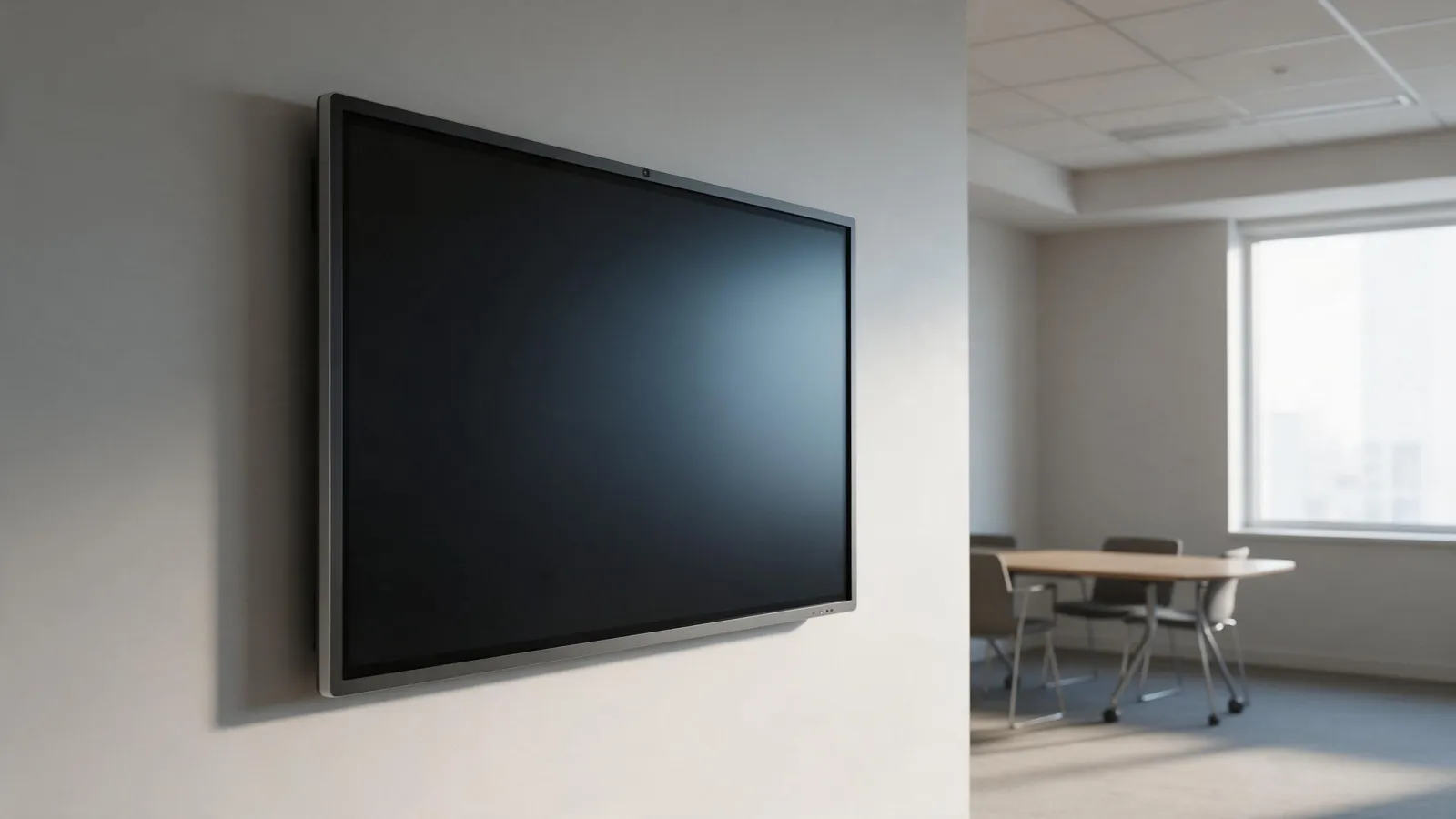 A large wall mounted interactive touch display in an empty modern meeting room