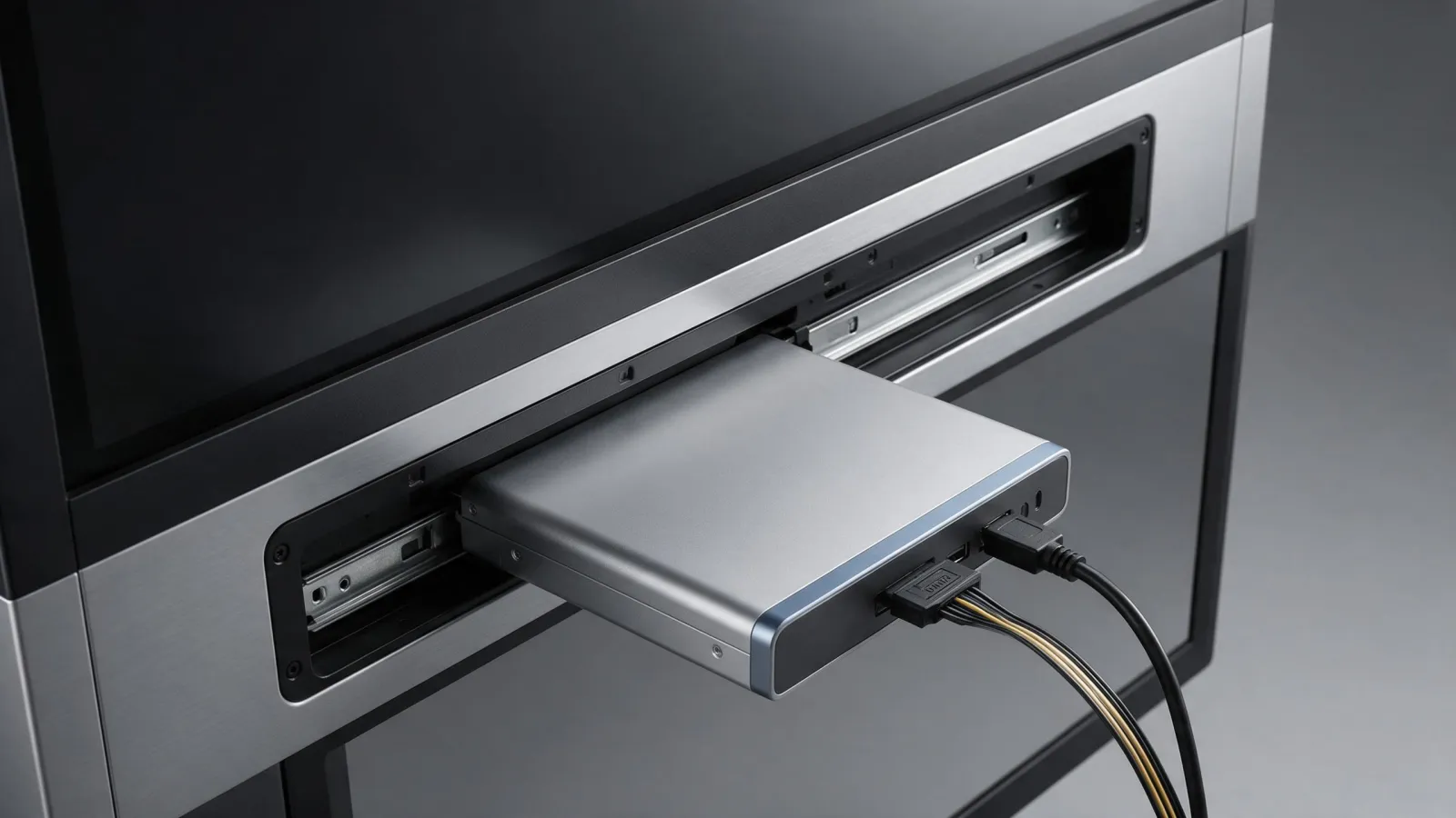 A close up of a slot in computer module being inserted into the rear expansion bay of a commercial display panel